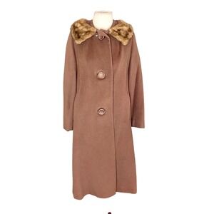 Vtg 50s rothmoor wool Blend Fur Collar Long Coat Brown Button‎ Front Classic